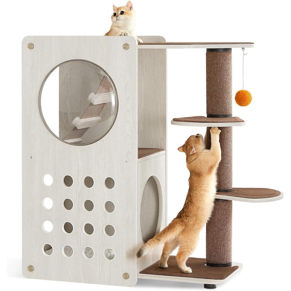 Feandrea Clickat Collection – No.005 Cat Tree, Quick Assembly, Replaceable Parts, Modern Cat Tower with 4.1-Inch Dia. Thick Scratching Post, Cat Cave, 3 Perches, Soft Ladder, Cat Condo for Indoor Cats