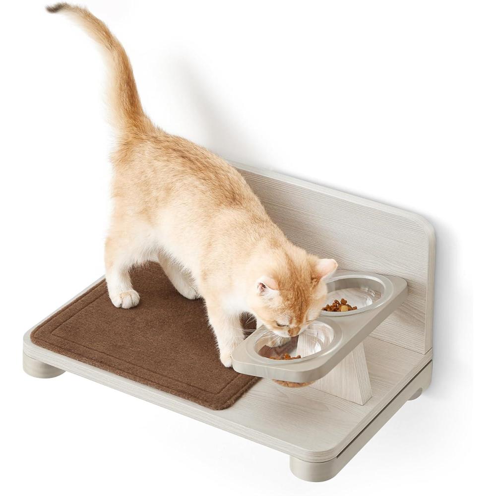 Feandrea Clickat Collection – No.009 Cat Food Station, Extremely Quick Assembly, Unlimited Expandability, Replaceable Module and Felt Pad, Wall-Mounted Cat Shelf with Raised Bowls